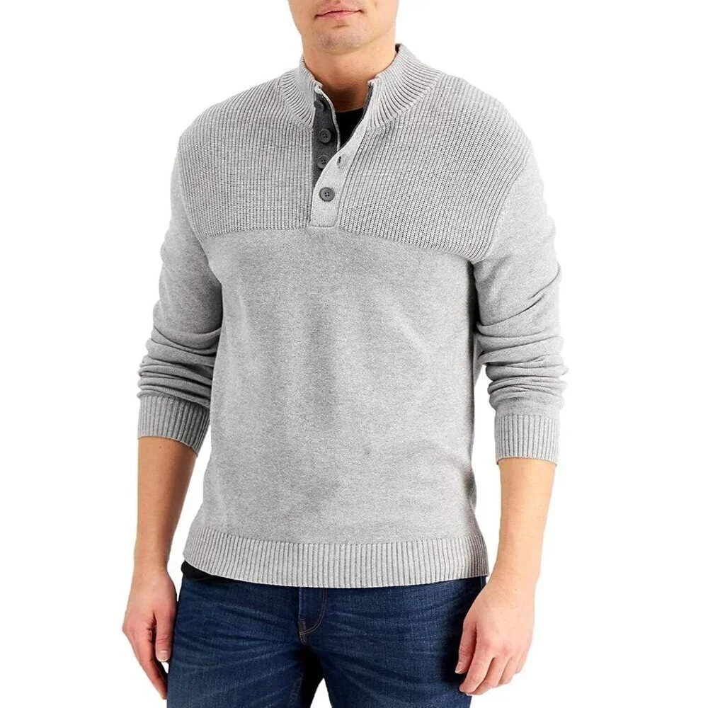 NEW! Club Room Button Mock Long Sleeve Knit Sweater Grey Heather Size XXL
